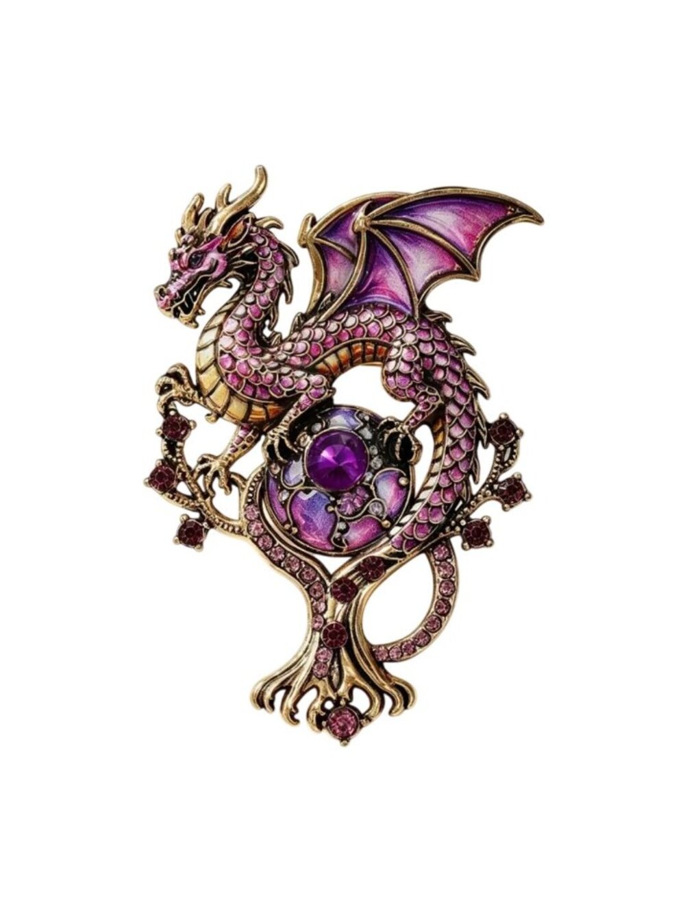 Purple Dragon Enamel & Crystal Brooch Gold Accents